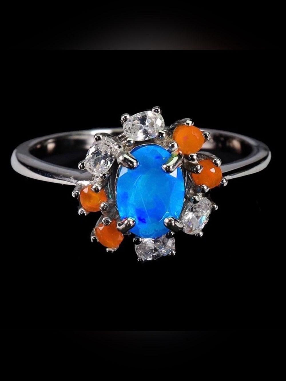 Exquisite Natural Ethiopian Blue & Orange Fire Opal 925 Sterling Silver Ring 7